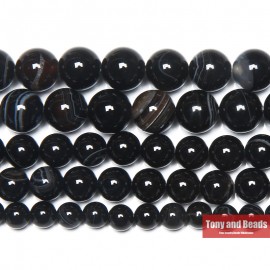 Free Shipping Natural Stone Black Stripe Onyx Agates Round Loose Beads Pick Size