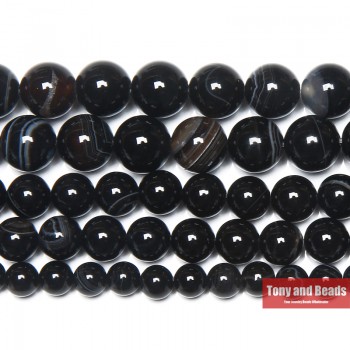 Free Shipping Natural Stone Black Stripe Onyx Agates Round Loose Beads Pick Size