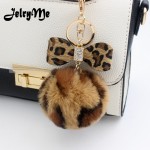 8CM Leopard Print Pompom Keychain Fluffy Faux Rabbit Fur Ball Women Handbag Pendants Car Key Ring Crystal Bow Key Chains Jewelry