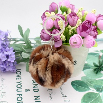 8CM Leopard Print Pompom Keychain Fluffy Faux Rabbit Fur Ball Women Handbag Pendants Car Key Ring Crystal Bow Key Chains Jewelry