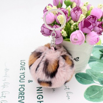 8CM Leopard Print Pompom Keychain Fluffy Faux Rabbit Fur Ball Women Handbag Pendants Car Key Ring Crystal Bow Key Chains Jewelry