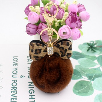 8CM Leopard Print Pompom Keychain Fluffy Faux Rabbit Fur Ball Women Handbag Pendants Car Key Ring Crystal Bow Key Chains Jewelry
