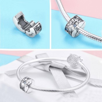 BISAER Authentic 925 Sterling Silver Stopper Clip Heart Star Charm Clear CZ Beads fit Charm Silver 925 Bracelet Jewelry Making