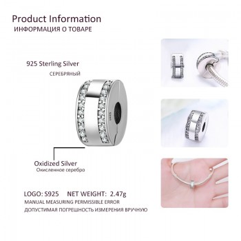 BISAER Authentic 925 Sterling Silver Stopper Clip Heart Star Charm Clear CZ Beads fit Charm Silver 925 Bracelet Jewelry Making