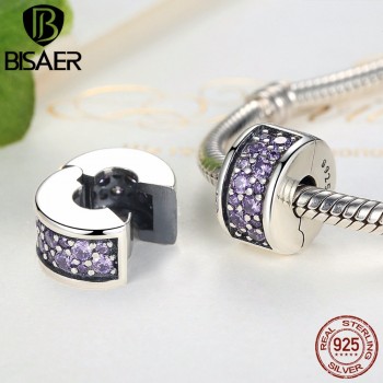 BISAER Authentic 925 Sterling Silver Stopper Clip Heart Star Charm Clear CZ Beads fit Charm Silver 925 Bracelet Jewelry Making