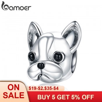 BAMOER 925 Sterling Silver Loyal Partners French BULLDOG Doggy Animal Beads fit Women Charm Bracelets Dog DIY Jewelry SCC315