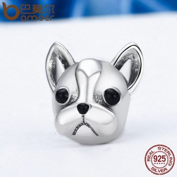 BAMOER 925 Sterling Silver Loyal Partners French BULLDOG Doggy Animal Beads fit Women Charm Bracelets Dog DIY Jewelry SCC315