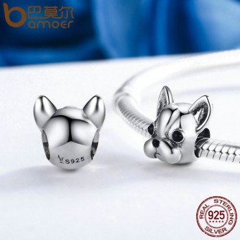 BAMOER 925 Sterling Silver Loyal Partners French BULLDOG Doggy Animal Beads fit Women Charm Bracelets Dog DIY Jewelry SCC315
