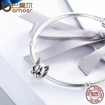 BAMOER 925 Sterling Silver Loyal Partners French BULLDOG Doggy Animal Beads fit Women Charm Bracelets Dog DIY Jewelry SCC315