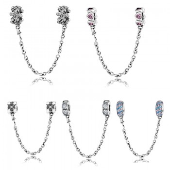 Real 925 Sterling Silver charms Bead heart flower round shape Safety Chain Fit Original Pandora Charm Bracelet Jewelry making