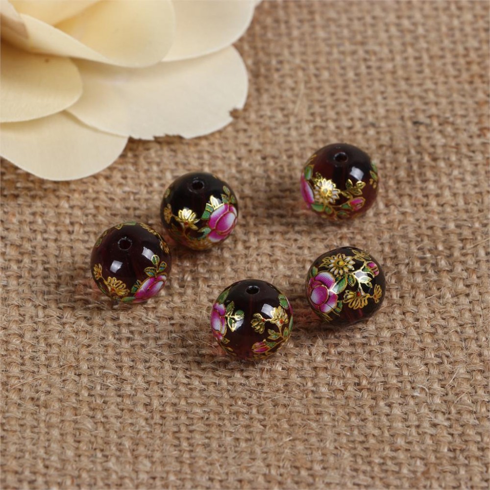Glass Japan Painting Vintage Japanese Tensha Beads Round Coffee amp; Pale Lilac Rose Flower Pattern Transparent 12mm 5 PCs