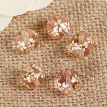 Glass Japan Painting Vintage Japanese Tensha Beads Round Coffee amp; Pale Lilac Rose Flower Pattern Transparent 12mm 5 PCs
