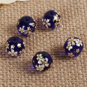 Glass Japan Painting Vintage Japanese Tensha Beads Round Coffee amp; Pale Lilac Rose Flower Pattern Transparent 12mm 5 PCs