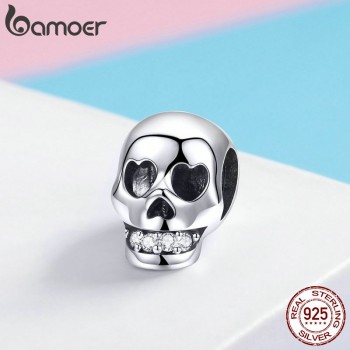 BAMOER 925 Sterling Silver Christmas Gift Skull Head Beads Charm fit Charm Bracelet Halloween Jewelry Making Accessories DIY
