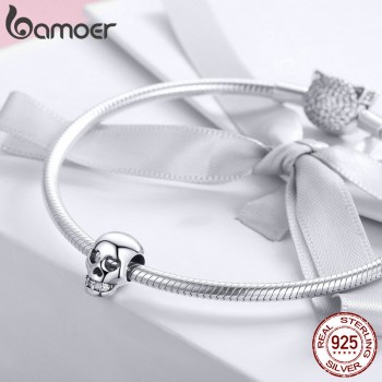 BAMOER 925 Sterling Silver Christmas Gift Skull Head Beads Charm fit Charm Bracelet Halloween Jewelry Making Accessories DIY