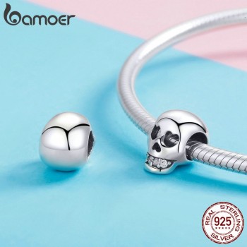 BAMOER 925 Sterling Silver Christmas Gift Skull Head Beads Charm fit Charm Bracelet Halloween Jewelry Making Accessories DIY