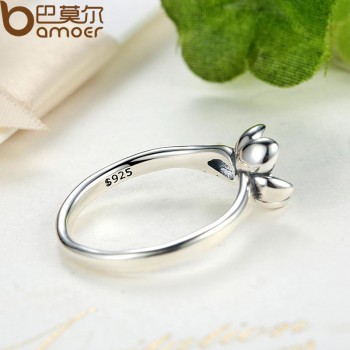 BAMOER New Collection Authentic Mystic Floral Flower Stackable Ring CZ amp; Black Enamel 925 Sterling Silver Jewelry PA7154