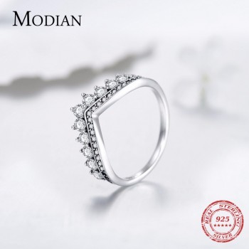 Modian Fashion 100% Real 925 Sterling Zircon Crown Finger Ring Classic Stackable Silver Jewelry For Women Wedding Christmas Gift