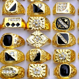 AOMU 10pcs/lot Vintage Classic Gold-Color CZ Crystal Rhinestone Metal Ring Mans Wide Rings Wedding Ring Party Men Jewelry