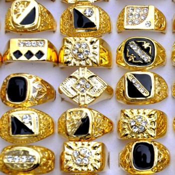 AOMU 10pcs/lot Vintage Classic Gold-Color CZ Crystal Rhinestone Metal Ring Mans Wide Rings Wedding Ring Party Men Jewelry