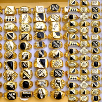 AOMU 10pcs/lot Vintage Classic Gold-Color CZ Crystal Rhinestone Metal Ring Mans Wide Rings Wedding Ring Party Men Jewelry