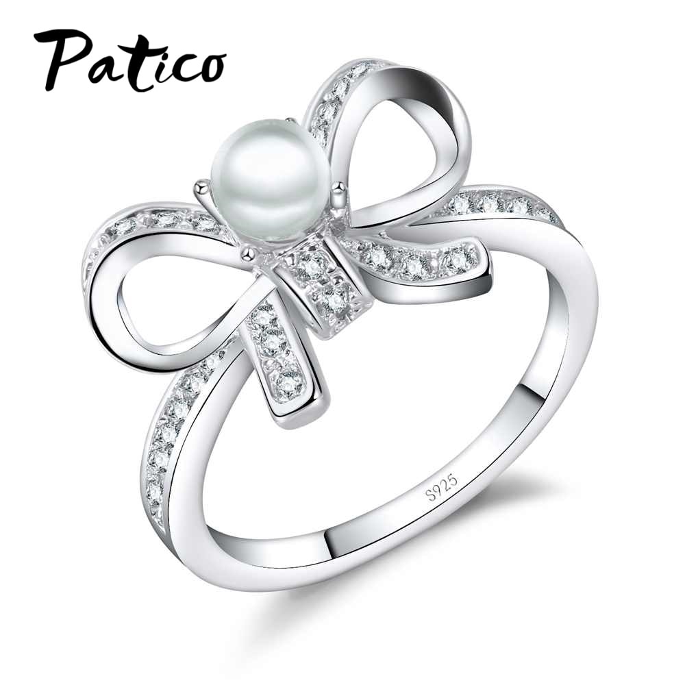 PATICO Grace 925 Sterling Silver Bow Tie Bowknot Charms Wedding Rings for Lady Cubic Zirconia and Freshwater Pearl Fine Jewelry