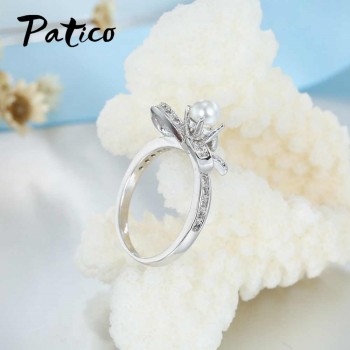 PATICO Grace 925 Sterling Silver Bow Tie Bowknot Charms Wedding Rings for Lady Cubic Zirconia and Freshwater Pearl Fine Jewelry