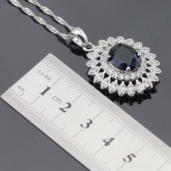 Women Silver Color Jewelry Sets Dark Blue White Cubic Zirconia Necklace Pendant Bracelets Earrings Rings Free Gift Box