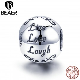 BISAER Charms 925 Sterling Silver Engrave Words Live Life Laugh Round Beads for Women Fashion Jewelry Accessories Bijoux GXC966