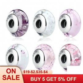 BAMOER 925 Sterling Silver Lovely Pink Flower European Murano Glass Beads Charms for DIY Bracelets Christmas DEAL SCZ001