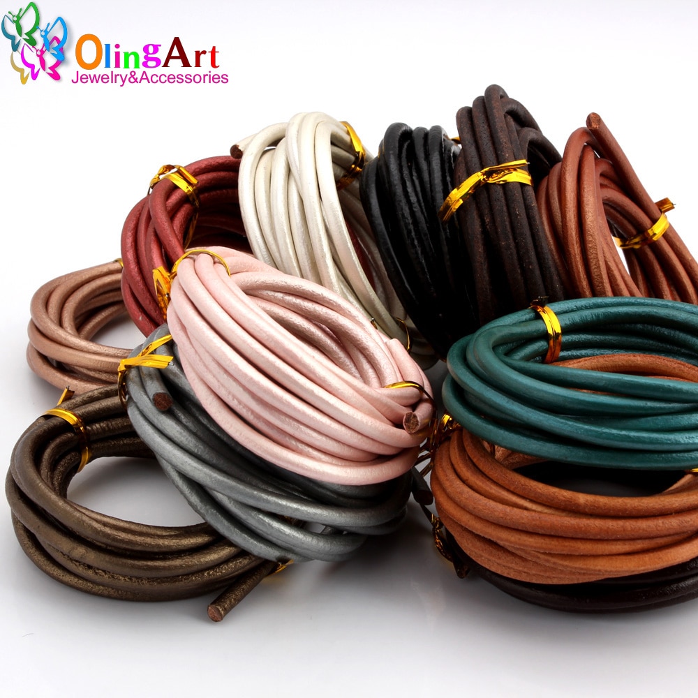 OlingArt 4MM 2M Round Genuine Leather Cord/Wire DIY brown black Cords women earrings Bracelet choker necklace jewelry making