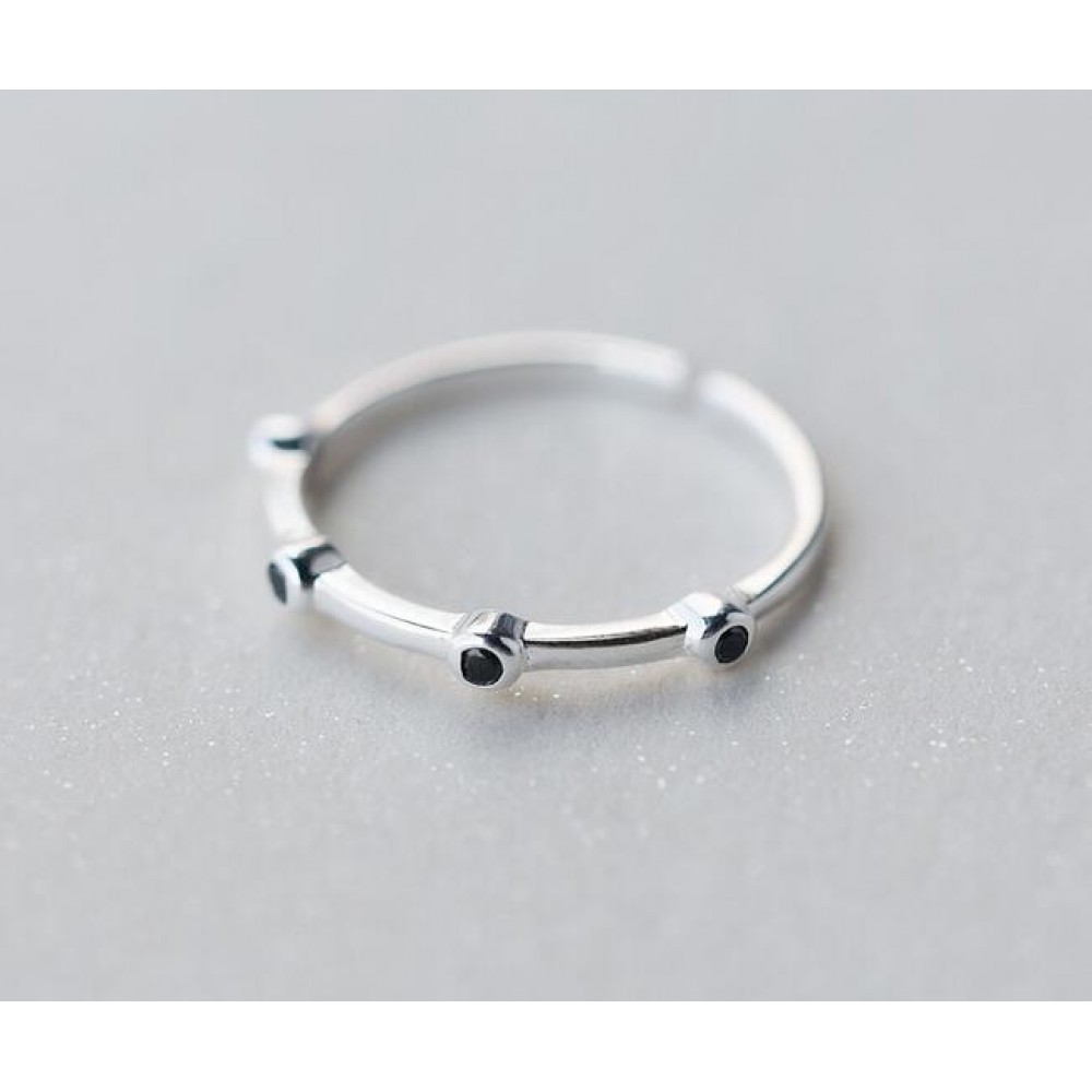 Real. 925 Sterling Silver Jewelry black agate Rounds Thin Ring (So Thin ) Openable Adjustable charms GTLJ1190
