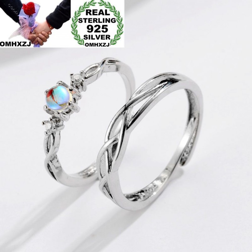 OMHXZJ Wholesale European Fashion Woman Man Party Wedding Gift Silver Lovers Moonstone Resizable 925 Sterling Silver Ring RR242
