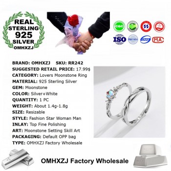 OMHXZJ Wholesale European Fashion Woman Man Party Wedding Gift Silver Lovers Moonstone Resizable 925 Sterling Silver Ring RR242