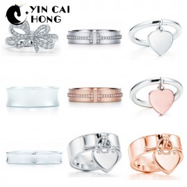 YCH Charm Gift 925 Sterling Silver  Classic T Logo Tiff Rings Heart Tiff Rings Rose Gold Silver Jewelry Match World Jewelry