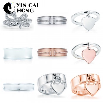 YCH Charm Gift 925 Sterling Silver  Classic T Logo Tiff Rings Heart Tiff Rings Rose Gold Silver Jewelry Match World Jewelry