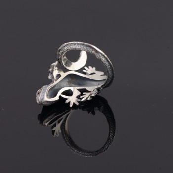 BUDONG 925 Sterling Silver Rings for Men Women Natural Garnet Stone Punk Gecko Animal Band Open Resizable Unisex Fine Jewelry