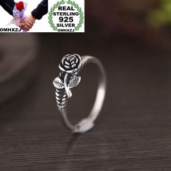 OMHXZJ Wholesale European Fashion Woman Girl Party Wedding Gift Silver Black Rose Flower S925 Sterling Silver Ring RR342
