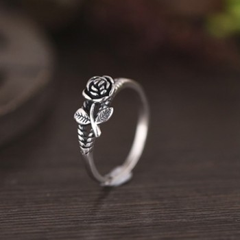 OMHXZJ Wholesale European Fashion Woman Girl Party Wedding Gift Silver Black Rose Flower S925 Sterling Silver Ring RR342