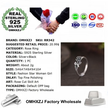 OMHXZJ Wholesale European Fashion Woman Girl Party Wedding Gift Silver Black Rose Flower S925 Sterling Silver Ring RR342