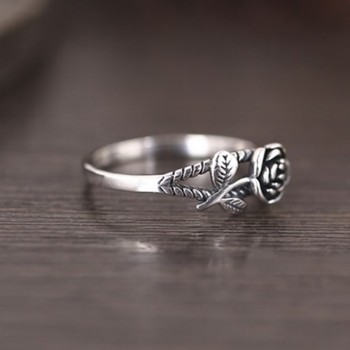 OMHXZJ Wholesale European Fashion Woman Girl Party Wedding Gift Silver Black Rose Flower S925 Sterling Silver Ring RR342