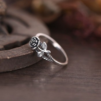 OMHXZJ Wholesale European Fashion Woman Girl Party Wedding Gift Silver Black Rose Flower S925 Sterling Silver Ring RR342