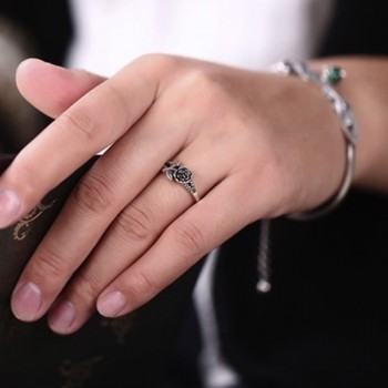 OMHXZJ Wholesale European Fashion Woman Girl Party Wedding Gift Silver Black Rose Flower S925 Sterling Silver Ring RR342