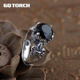GQTORCH 925 Sterling Silver Black Onyx Stone Rings For Men And Women Carving Vintage Anchor Inlaid Natural Gemstone Opening Type