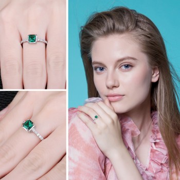 JewelryPalace Square 0.5ct Created Emerald Solitaire Ring 925 Sterling Silver Solitaire Engagement Ring Gift