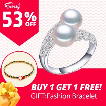 FENASY Pearl Jewelry,double Pearl rings,Natural Freshwater Pearl rings,925 Silver rings for women charms silver 925 original
