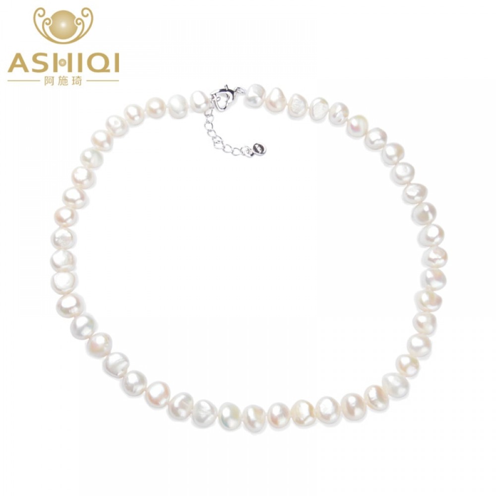 ASHIQI White Natural Baroque pearl Necklace 9-10mm Real Freshwater pearl jewelry for women Fashion gift