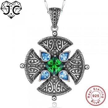 J.C Lady Rare Anniversary Necklace Pink amp; Garnet amp; Emerald Blue Topaz Solid 925 Sterling Silver Pendant Excellent Fine Jewelry