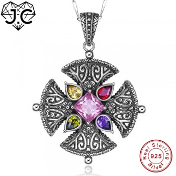 J.C Lady Rare Anniversary Necklace Pink amp; Garnet amp; Emerald Blue Topaz Solid 925 Sterling Silver Pendant Excellent Fine Jewelry