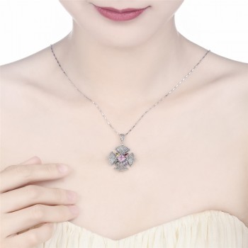 J.C Lady Rare Anniversary Necklace Pink amp; Garnet amp; Emerald Blue Topaz Solid 925 Sterling Silver Pendant Excellent Fine Jewelry